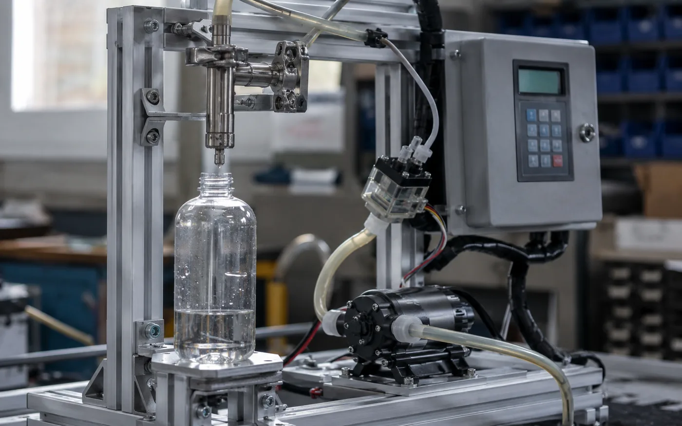 Automated bottle filling rig with a stainless nozzle, inline flow sensor, diaphragm pump and keypad control enclosure