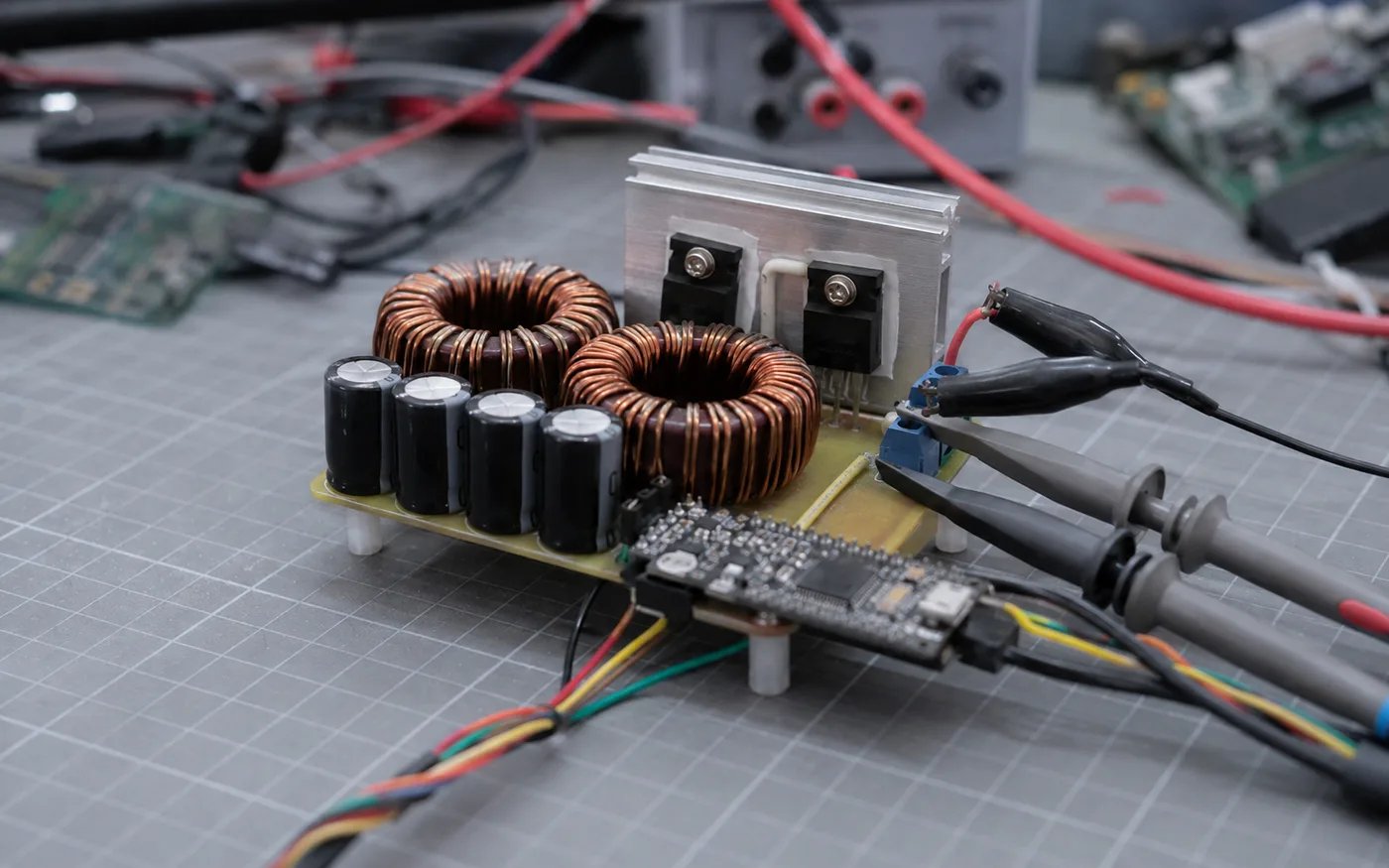 Buck-boost converter prototype with toroidal inductors and power MOSFETs, oscilloscope probes attached