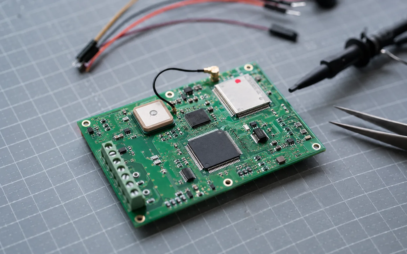 Custom four-layer PCB for the fleet tracker on a cutting mat, with GPS patch antenna, GSM module and screw terminals