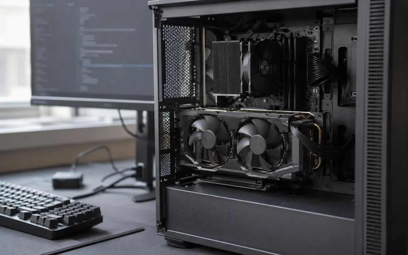 Open desktop workstation showing the graphics card used to run local language models